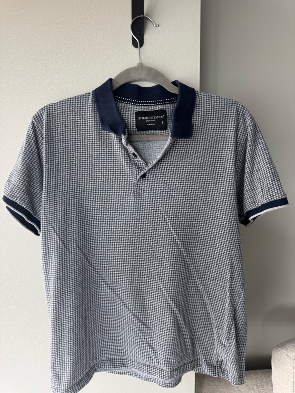 Men’s Navy and White Micro-Check Polo Shirt - Large